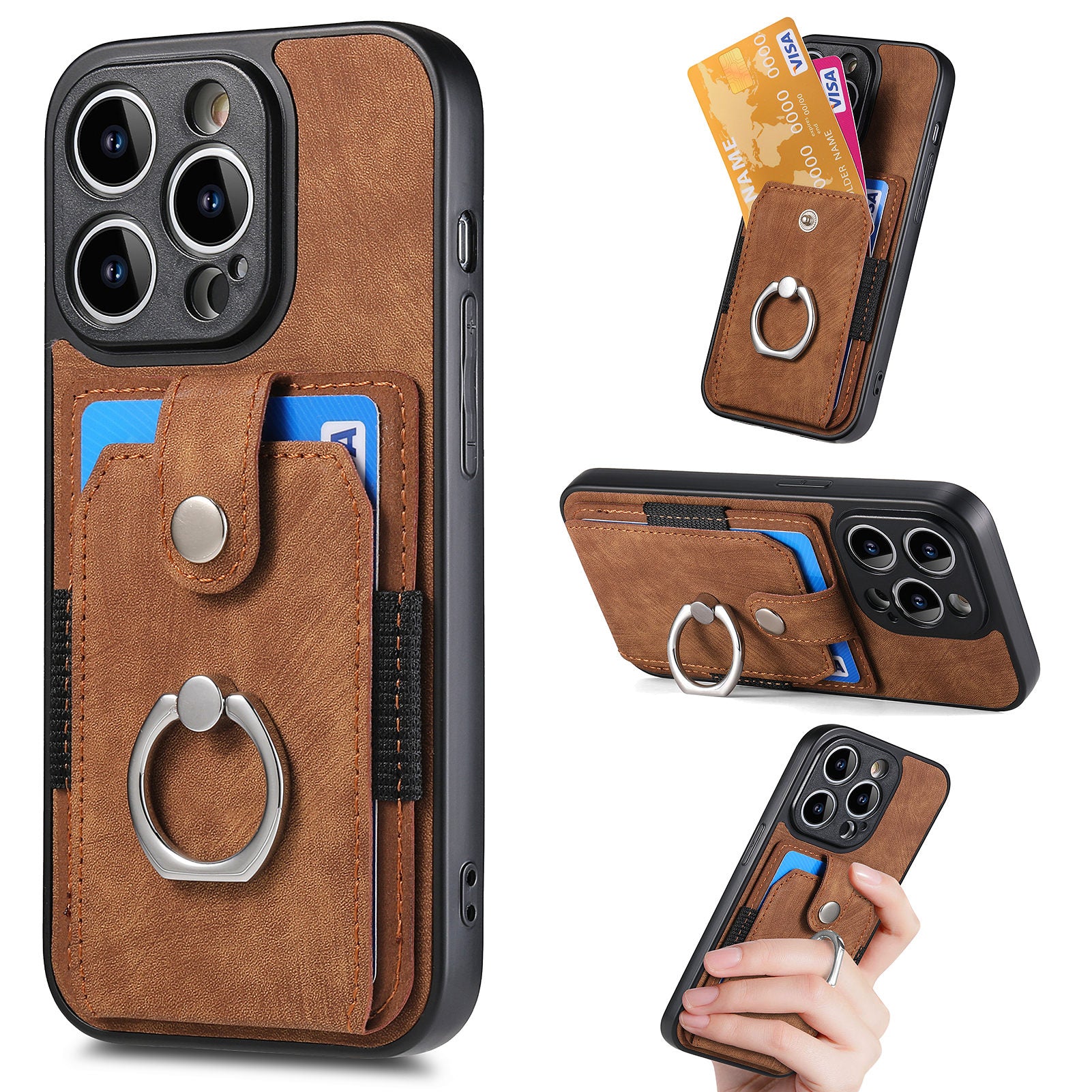 Pro iPhone 13 Pro Ring Kickstand Pouzdro na telefon PC s PU kůží + kryt slotu karty TPU Pro iPhone 13 Pro Ring Kickstand Pouzdro na telefon PC s PU kůží + kryt slotu karty TPU